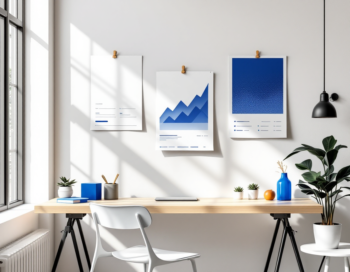 Printed wireframes pinned to a studio wall beside a monitor showing a rising chart