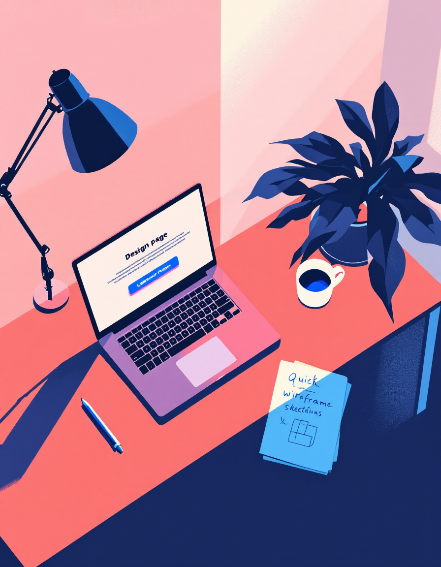 Illustration of a studio desk with a laptop showing a landing page, wireframe sketches and a coffee mug