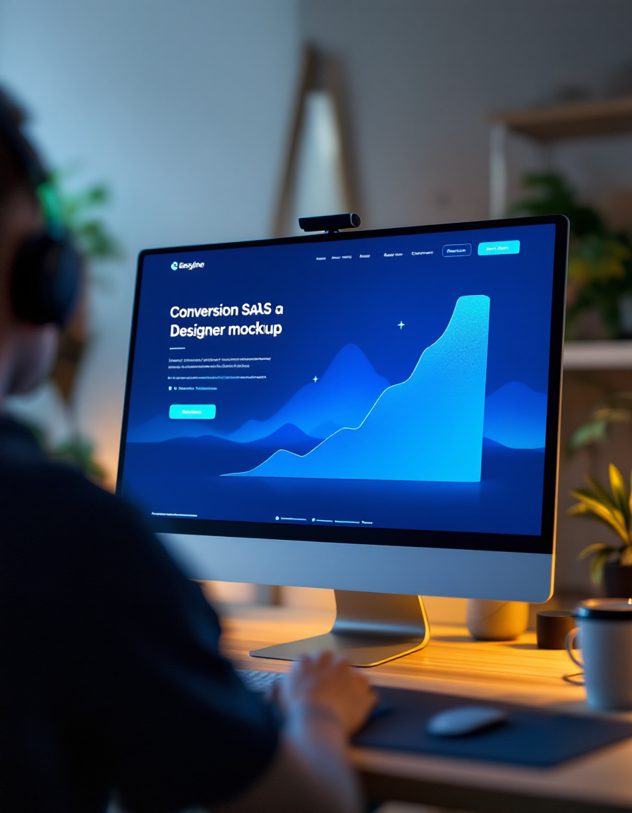 Designer's screen showing a SaaS landing-page mockup with a prominent blue call-to-action button
